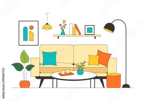 Living Room Vector Illustration of Modern Interior Design Featuring Sofa Coffee Table Plants Lighting and Cozy Home Decor Background