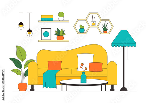 Living Room Vector Illustration of Modern Interior Design Featuring Sofa Coffee Table Plants Lighting and Cozy Home Decor Background