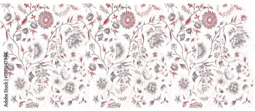 Intricate floral pattern featuring graceful flowing vines, blooming flowers, and delicate leaves. The design utilizes a sophisticated grey and red gradient on a pure white background