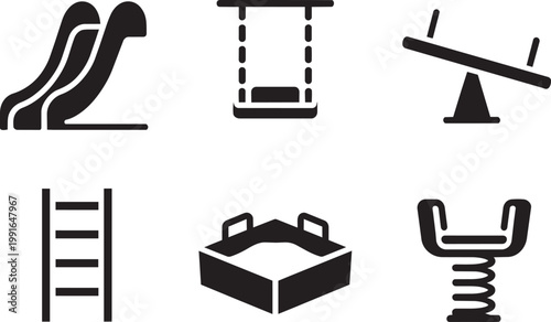 Playground equipment icons, set of 6, slide, swing, seesaw, ladder, sand pit, spring rider