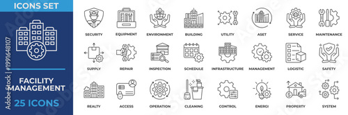 Facility Management Icon Set. Containing Security, Equipment, Environment, Building, Utility, Asset, Service, Maintenance, Repair, Inspection and Schedule. Outline Style Vector Illustration.