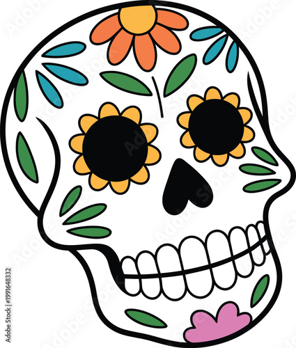 Sugar skull illustration with floral decorations for dia de los muertos