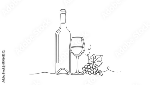 Continuous one line drawing of a wine bottle a glass and a bunch of grapes. Continuous line style. Hand drawn. Line art. Vector design. illustration
