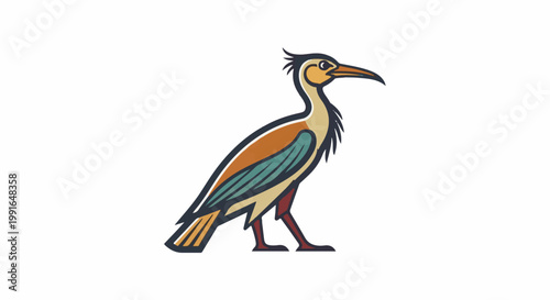 Stylized bird with long beak and colorful plumage stands on white background