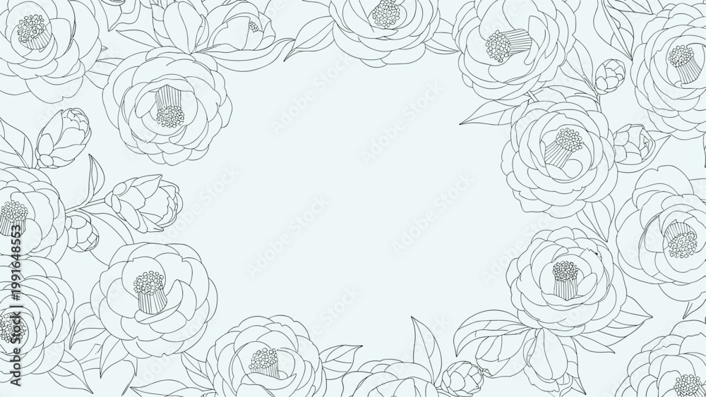 Obraz premium Delicate monochromatic floral background featuring a dense pattern of camellia flowers and leaves in a light blue line art style.