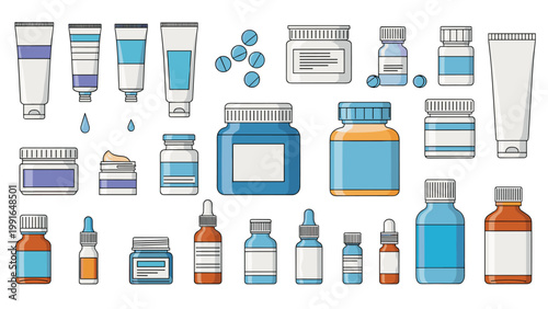 Comprehensive collection of medical icons featuring various medicine bottles, pill containers, tubes, and droppers for healthcare.