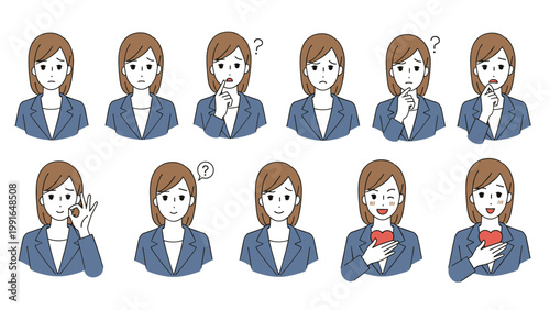 Collection of various facial expressions and gestures from a professional businesswoman showing emotions like doubt, joy, and thinking.