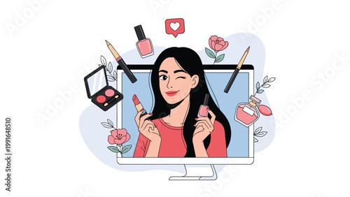 Cheerful woman presenting beauty products and cosmetics during an online makeup tutorial or social media live stream.