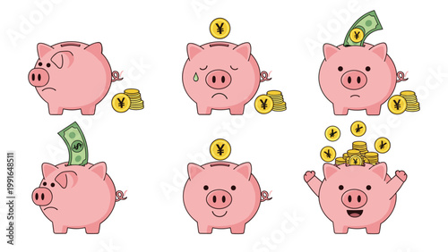 Set of six piggy bank icons showing different stages of saving money from empty and sad to full and joyful with coins.