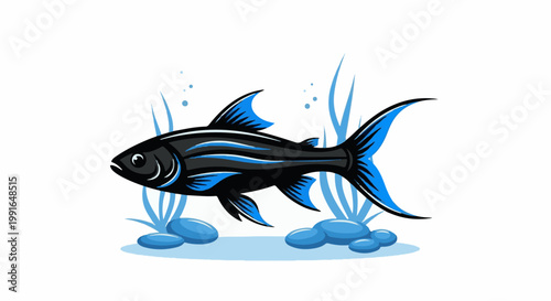Stylized black and blue fish swimming underwater with plants and rocks