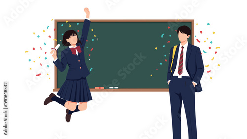 Happy male and female students in uniforms celebrating graduation with a diploma and confetti in front of a green chalkboard.