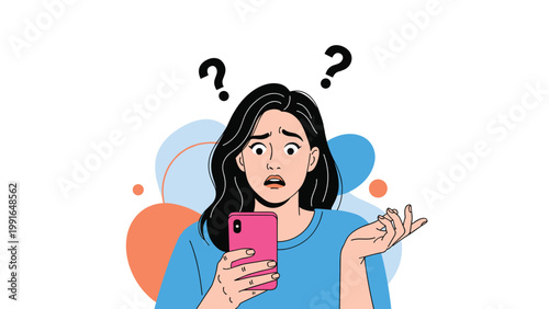 Surprised young woman looking at her pink smartphone with a confused expression and question marks floating above her head.