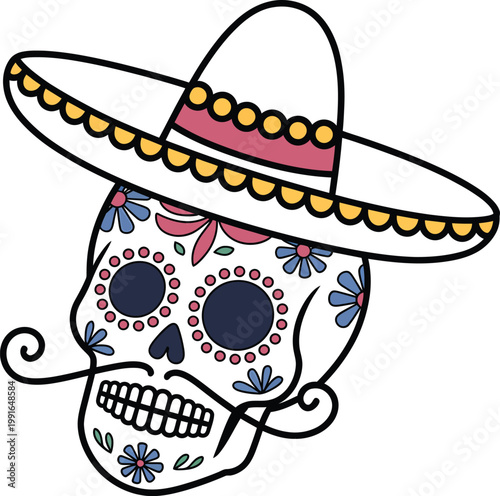 Sugar skull with mustache wearing a sombrero hat, mexican day of the dead dia de los muertos vector illustration