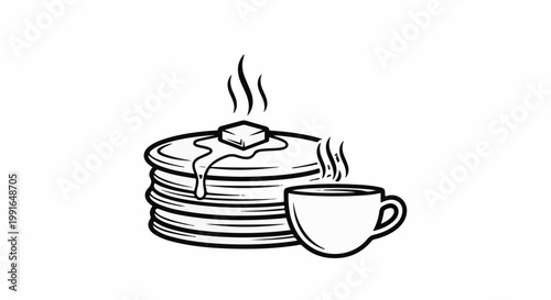 Stack of pancakes with melting butter, steam, and a hot coffee cup