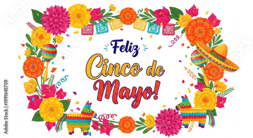 Feliz Cinco de Mayo lettering with colorful flowers papel picado maracas and piatas festive celebration graphic for Mexican holiday