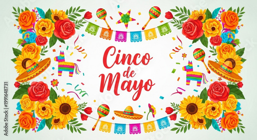 Cinco de Mayo celebration banner with colorful flowers maracas and pinatas festive Mexican holiday design for invitations and decorations