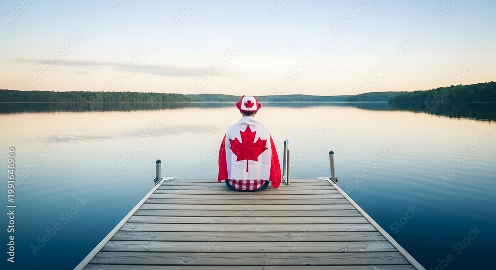 Fototapeta premium Celebrating happy canada day scenic lakeside dock with vibrant canadian flag display