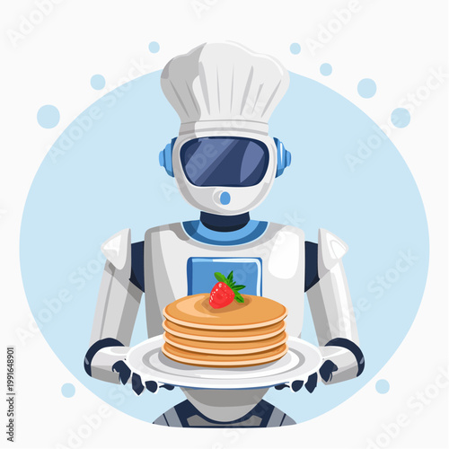 Robot chef serving pancakes with strawberry