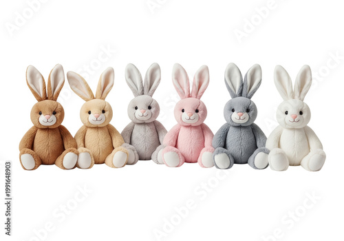 Six stuffed bunnies in different colors sitting in a row isolated on transparent background, PNG