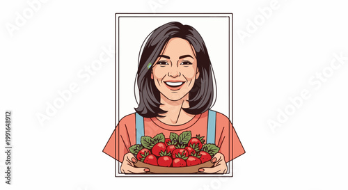 Smiling woman holding a basket of fresh strawberries