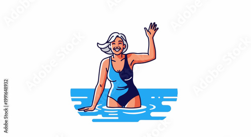 Smiling woman in a blue swimsuit waves from the water