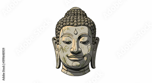 Stone Buddha head statue with textured surface, serene expression, and intricate curly hair