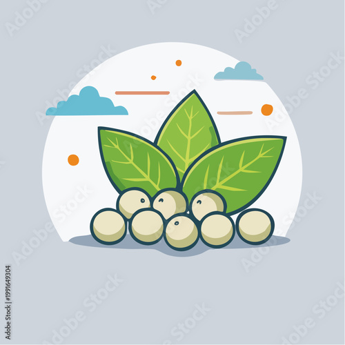 Flat illustration of white berries and green leaves