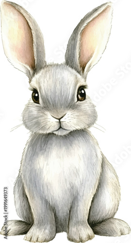 Cute white rabbit sitting upright.