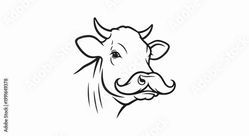 Stylized black and white drawing of a cow's head with a large mustache
