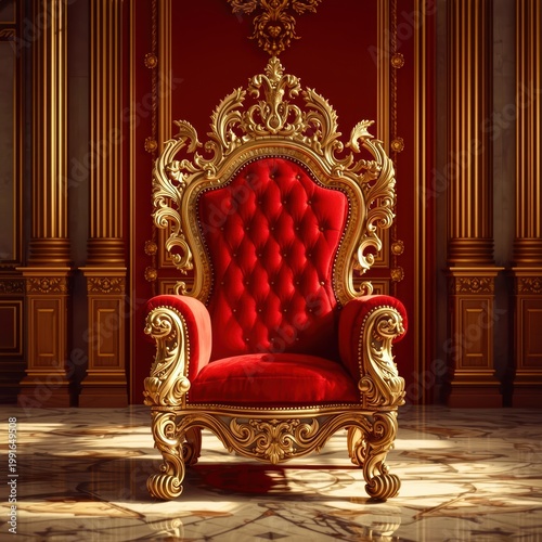 Elegant royal chair with intricate carvings, set against gilded walls