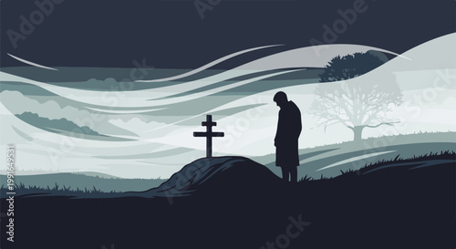 Solitary figure bows head beside grave under a somber, stylized sky