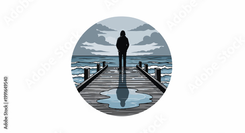 Solitary figure on wooden pier facing vast ocean under cloudy sky