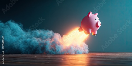 Pink Piggy Bank Rocket Launching with Fiery Exhaust and Smoke.