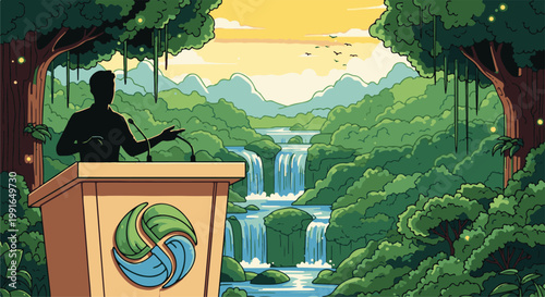 Speaker addresses audience in lush forest with cascading waterfalls backdrop