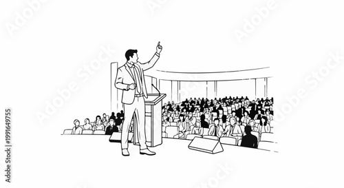 Speaker addressing a large audience in an auditorium with tiered seating