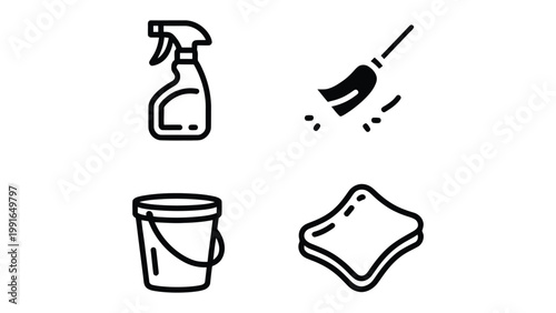 Essential Cleaning Tools: A comprehensive collection of tools for maintaining a spotless living or work area, including a spray bottle, broom, bucket, and sponge.