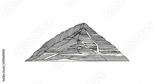 Stylized black and white drawing of a mountain peak