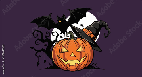 Spooky Halloween illustration featuring a jack-o'-lantern, bat, witch hat, and moon