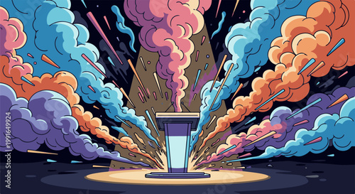 Stage podium erupts with colorful smoke and exploding light streaks