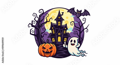 Spooky haunted house with pumpkin, ghost and bat under a full moon