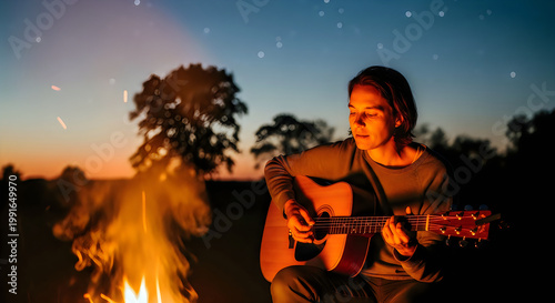 Young woman playing acoustic guitar by campfire under starry night sky.