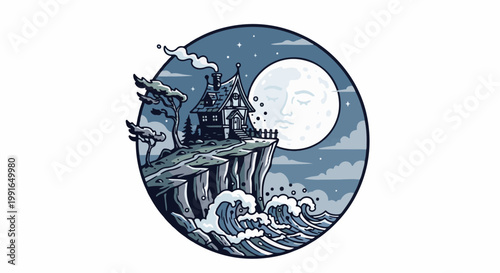 Spooky house on cliff by moonlit sea under starry sky