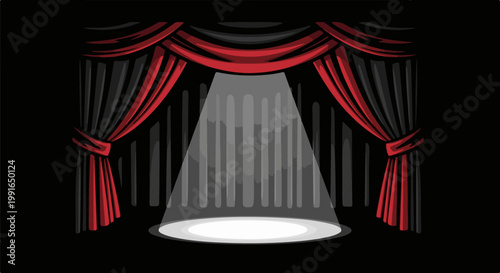 Spotlight shines on a stage with draped red and black curtains