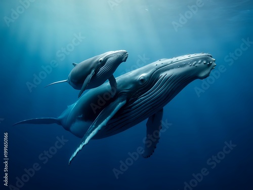 Mother Whale Swimming with Calf