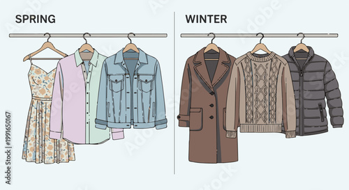 Spring and Winter clothing collections displayed on racks