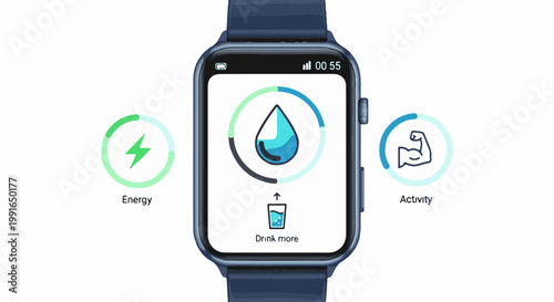 Smartwatch displays hydration and fitness tracking with icons for energy, activity