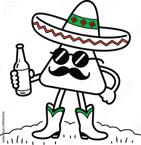 Cartoon tortilla chip character wearing a sombrero, sunglasses, and cowboy boots holding a beer bottle