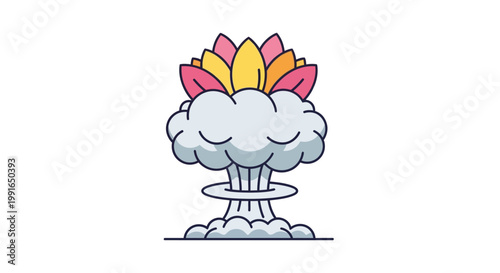 Cartoon nuclear explosion mushroom cloud blooming like a flower.