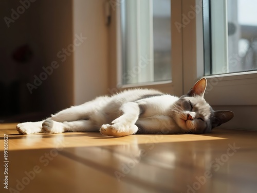 Sleeping Cat in Warm Sunlight by Window