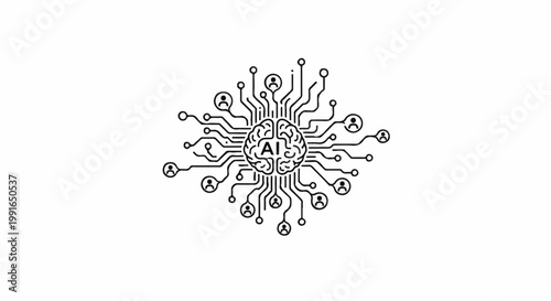 Stylized black line art of a brain connected to circuits and human figures